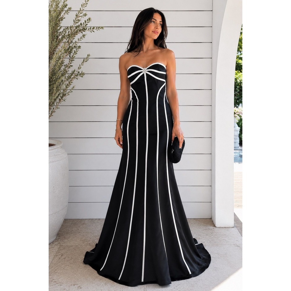 Size 8 / M - Black Tony Bowls Gown, Strapless, white stripes and rhinestones